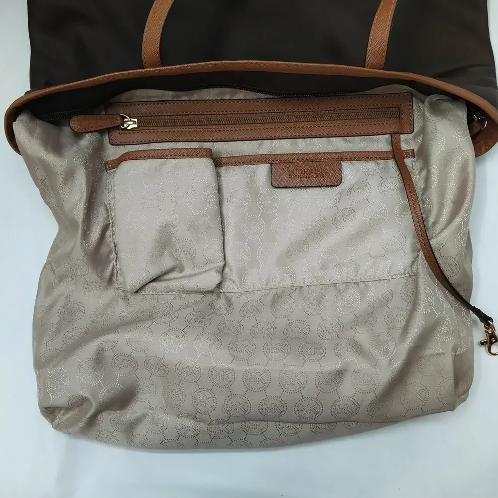 Michael Kors Brown Nylon Leather Trim Double Handles Tote Shoulder Bag
